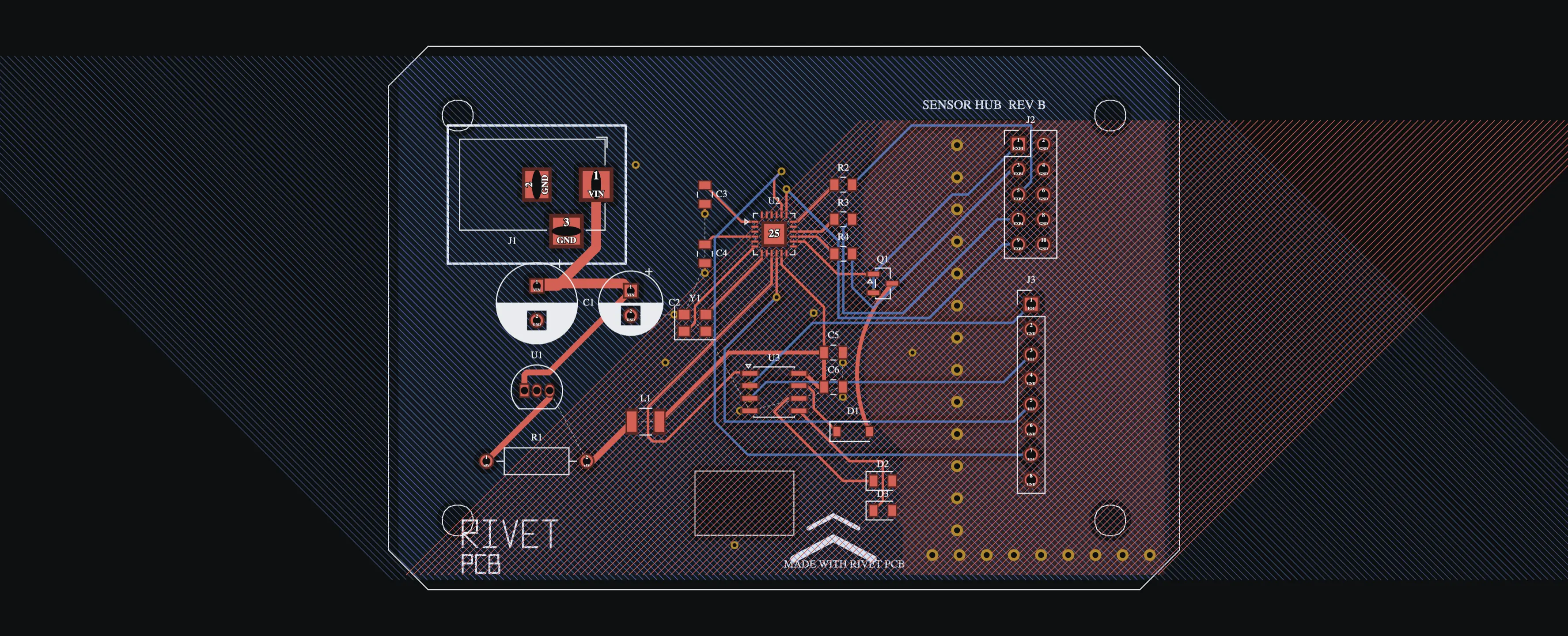 The board editor: a two-layer layout with white courtyard and fabrication outlines, red front-copper tracks, blue back-copper runs, pads, vias and a RIVET PCB silkscreen.