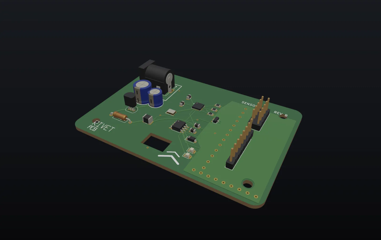 A populated two-layer board in Rivet PCB's 3D viewer: electrolytic capacitors, a barrel jack, a QFN, pin headers and a ground pour.
