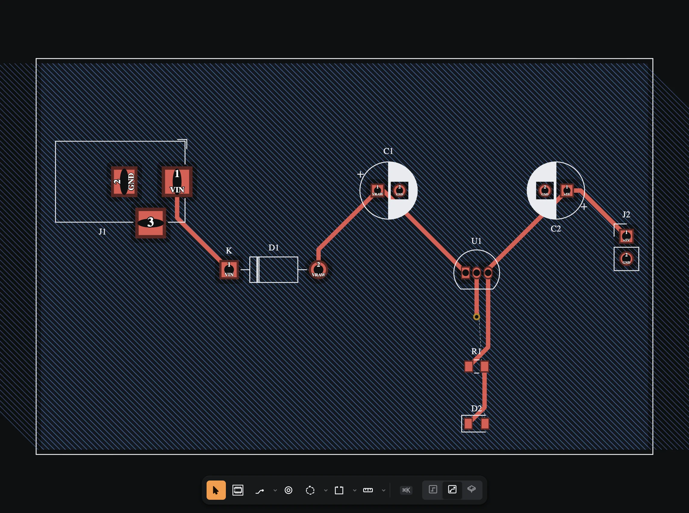 The same board in the two-dimensional board editor: red front copper, footprint outlines, pad numbers and the ground pour showing through on the back layer.