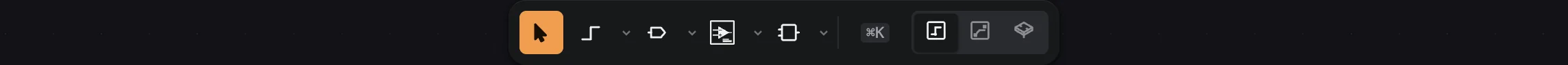 The schematic editor's toolbar: select, wire, label, hierarchical sheet, sheet pin, command palette, and view toggles.