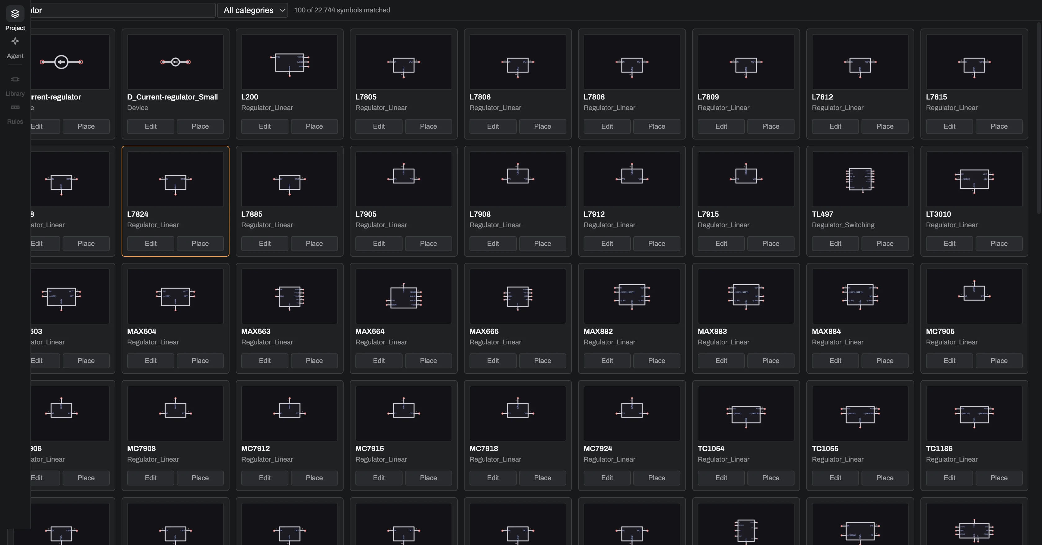 The Symbol Library Browser: a search field reading 'regulator', a category selector, a count of how many symbols matched, and a grid of symbol previews drawn from the library.