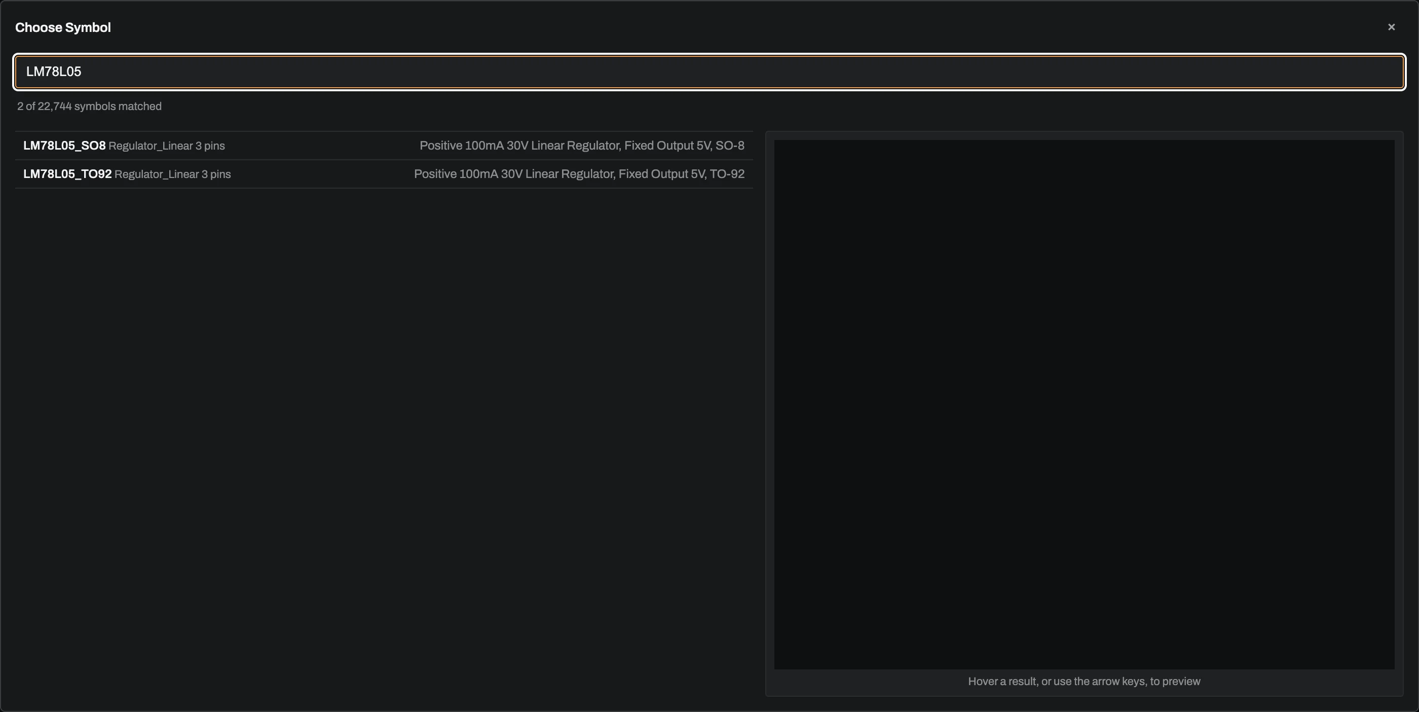 The Choose Symbol dialog with LM78L05 typed into the search field, two matching results listed, and a preview of the regulator symbol on the right.