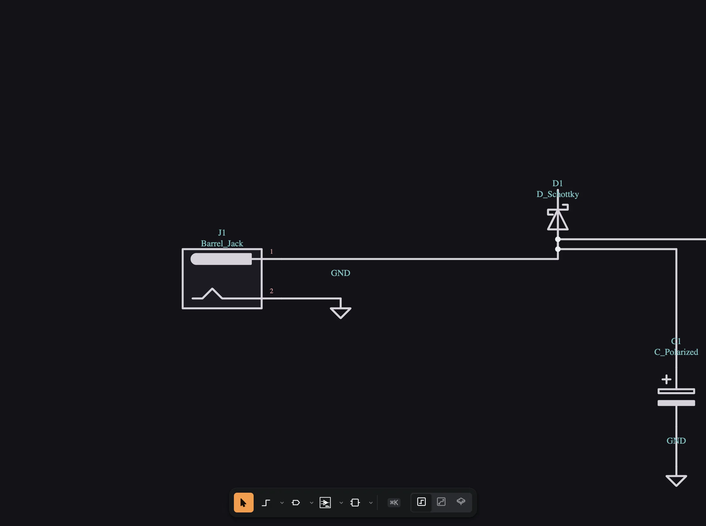 The schematic after annotation, every symbol carrying a reference designator such as J1, D1, C1, U1, C2, R1, D2 and J2.