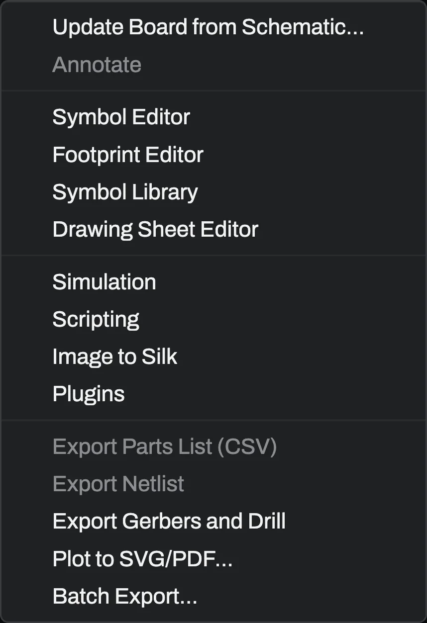 The Tools menu open, showing Update Board from Schematic, Annotate, the editor rows, and the export rows including Export Gerbers and Drill and Batch Export.