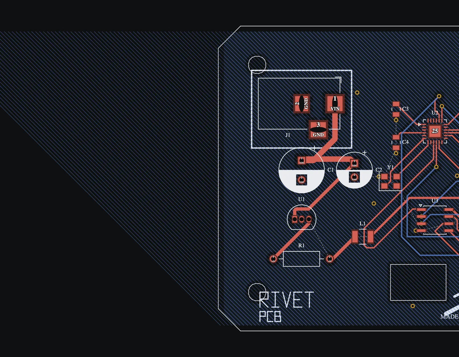 A close crop of the board canvas: a barrel jack footprint labelled J1, two 0805 capacitor pads, a QFN footprint labelled U2, three resistor pads labelled R2 to R4, and a DRC warning marker.