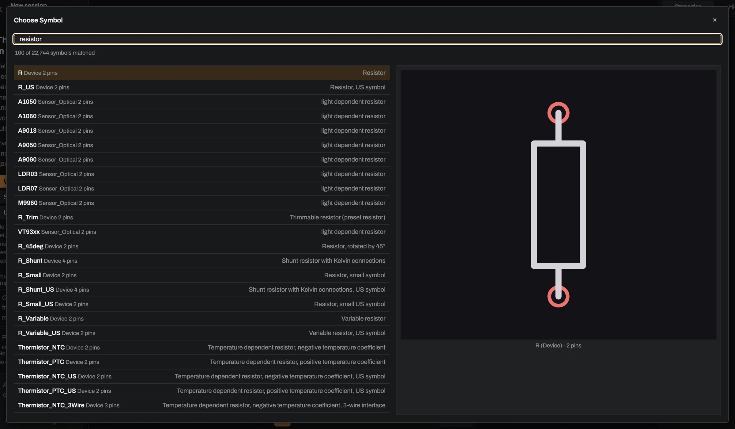 The Choose Symbol dialog in Rivet PCB: the query "resistor", a line reading "100 of 22,744 symbols matched", and rows for R and R_US from Device, light-dependent resistors from Sensor_Optical, trimmable and shunt and variable resistors, and NTC and PTC thermistors — each with its library and pin count — with the R symbol drawn in the preview pane on the right.